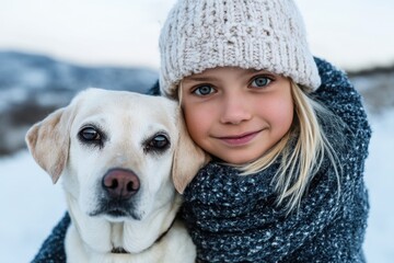 Girl hugging labrador in mountains, showing loyalty and protection, ideal for outdoor brands or emotional family‑focused marketing.