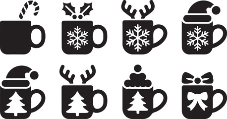 Eight black silhouette Christmas themed mugs with festive designs and toppings on a white background