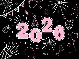 Hand-drawn, line art banner/poster/background for Happy New Year 2026. Black and pink theme.