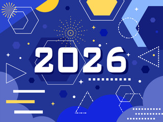 Banner/poster image of Happy New Year 2026 in Geometric and Chevron style with a blue background.