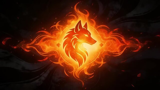 Fiery Wolf Head Emblem with Intense Orange Flames and Dark Background.