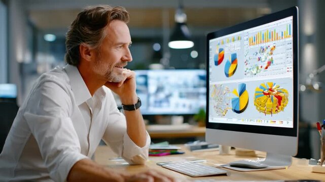 Focused Professional Analyzing Business Charts: An attentive professional, deeply engrossed in analyzing complex business charts and graphs displayed on his computer screen.