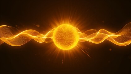 Glowing central golden sphere with mesh emitting radial light in cosmic void, with ribbon waves