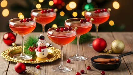 Festive cranberry cocktails in elegant glasses on a golden tray with a charming snowman and vibrant Christmas ornaments against twinkling tree lights set a joyful scene for seasonal celebrations.