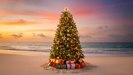 Christmas tree on tropical beach at sunset with festive decorations
