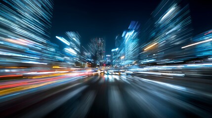 Elegant photo of Dynamic abstract city nightscape with blurred light trails, representing speed and modern urban life