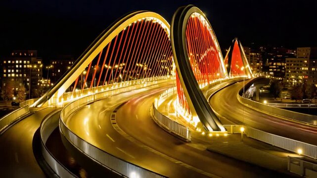 Illuminated Bridge at Night: An architectural marvel, this bridge with its sweeping curves and vibrant lighting, stands as a symbol of modern design against the evening sky.