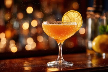 Elegant orange cocktail with lemon garnish on bar counter under warm lighting