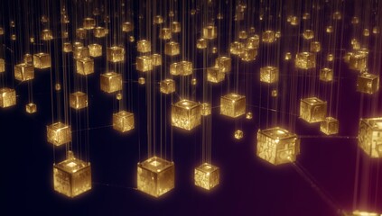 Hanging golden cubes glowing in dim exhibition space, showing filaments, faint grid and reflections