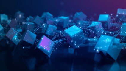 Flowing translucent glowing cubes linking on dark reflective plane, streaming particle sparks