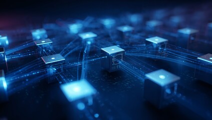 Glowing central cube node pulsing on glossy circuit surface, emitting data streams and lit ports
