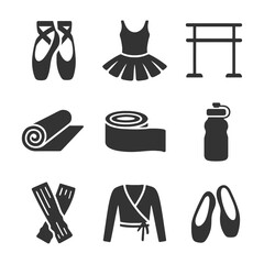 Ballet icons set with shoes, tutu, barre, mat, tape, bottle, and dance wear.