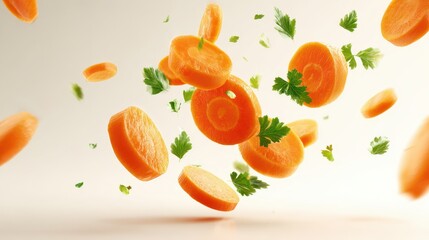 Vibrant orange carrot slices and fresh parsley leaves flying in a dynamic splash, isolated on a light beige background. Healthy cooking ingredients and vegetable concept.