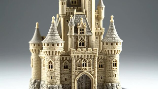 Detailed miniature model of a fantasy castle with turrets, spires, and gothic features