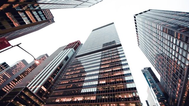 NEW YORK CITY - DECEMBER 2018: Slow motion of Manhattan skyscrapers in slow motion, panoramic skyward view from the street, New York City, USA