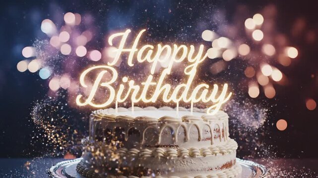 A two-tiered birthday cake with white frosting and a glowing 'Happy Birthday' sign on top, surrounded by colorful bokeh lights and confetti, against a dark background with a festive mood.