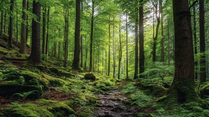 Fototapeta premium Emerald green forest canopy with sunlight piercing through, peaceful natural scene