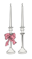 Hand drawn coquette candle with pink bow. Cute girly design for Valentines day, wedding, birthday, bachelorette party. Vintage vector illustration