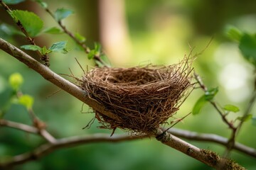 Empty bird nest resting on a sunlit tree branch, close-up of woven twigs and natural textures