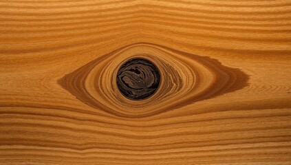 Displaying single dark wood knot centered on polished plank, showing concentric rings, grain