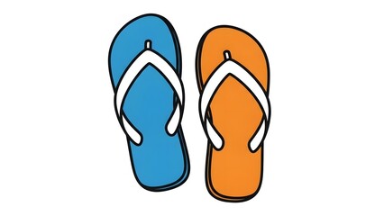 Pair of flip-flops, one blue and one orange, on white background