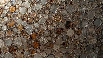 Displaying mosaic of circular glass and metal discs on decor wall panel, showing trapped bubbles