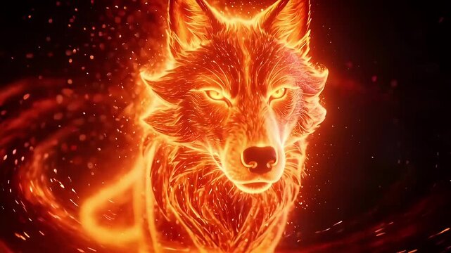 Fiery Wolf Spirit Glowing with Intense Orange Flames and Sparks.