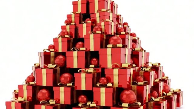 Pyramid stack of red gift boxes with gold ribbons and christmas ornaments isolated on white background