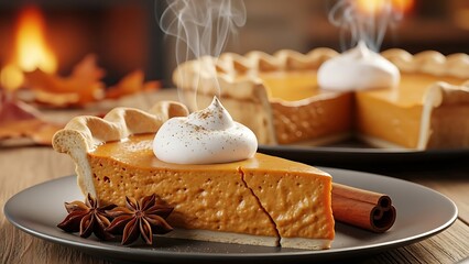 Fototapeta premium Steaming hot pumpkin pie slice with cozy fireplace glow
