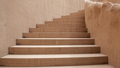 Ascending wooden staircase showing wood grain and low risers in stairs, with curved balustrade