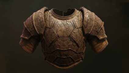 Displaying cuirass with pauldrons, segmented seams, neck opening in studio, cracked surface