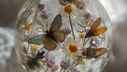 Displaying clear orb holding daisies, purple blooms, turquoise butterfly, air bubbles in studio
