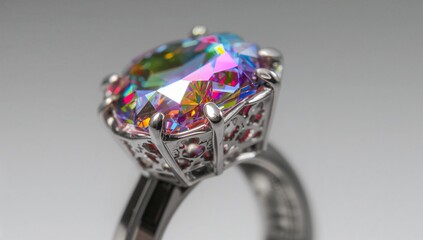 Displaying ornate silver ring gleaming in studio, revealing multicolored gemstone, prongs, filigree