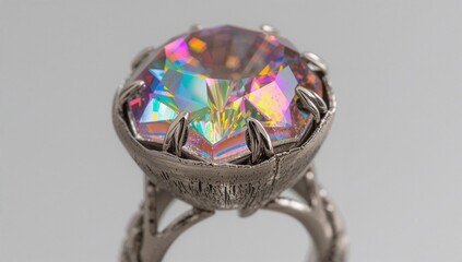 Displaying ornate metal ring showing iridescent faceted gemstone on studio tabletop, with prongs