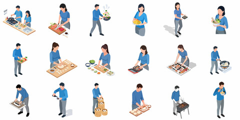 Isometric Detailed Illustration Cooking Preparation and Process with Family Member