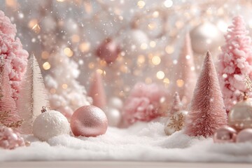 Soft powder pink Christmas scene with fluffy snow, pastel fir trees, and shimmering ornaments, creating a serene winter wonderland atmosphere with copy space