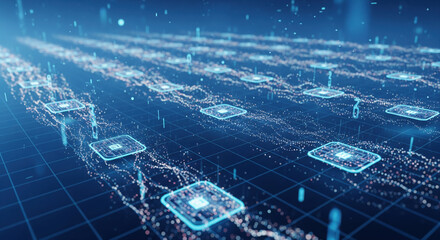 Futuristic digital illustration of microchips and data streams on a grid background with blue tones and glowing effects