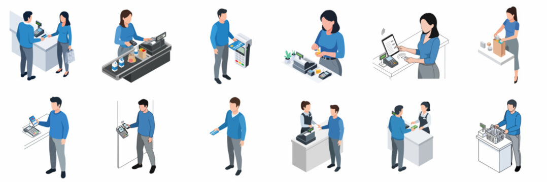 Isometric Detailed People Customer and Staff at Point of Sale Set Illustration