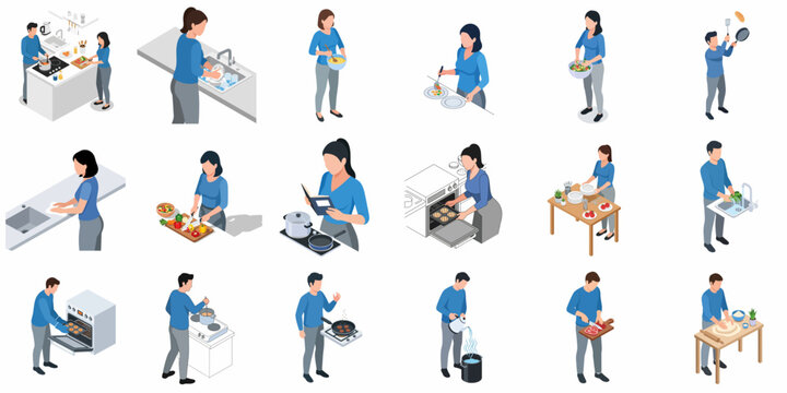 Isometric Detailed Home Kitchen Activity Illustration of People Cooking and Cleaning