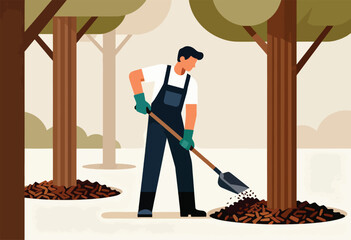 Person in overalls mulching around trees with a shovel