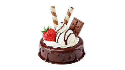 Chocolate Cake with Strawberry and Cream on White Background