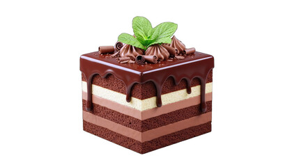 Chocolate Cake with Mint and Chocolate Decorations on White Background