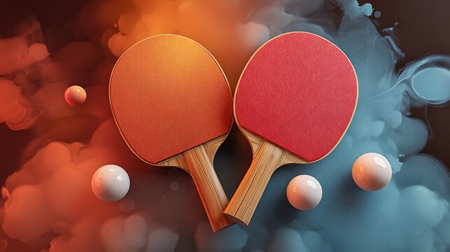 Elegant photo of Two ping pong paddles with balls amidst swirling smoke in orange and blue hues