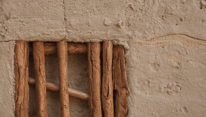 Revealing exposed plaster wall showing vertical wooden laths and diagonal brace outside, copy space
