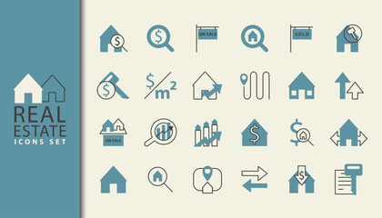 Real estate icon set featuring property, house, apartment, investment, mortgage, lease, and location symbols. Ideal for realty, housing, and construction projects