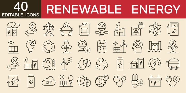 Renewable energy icons , Ecology icon set , vector illustration with sustainable, recycling, green energy, editable stroke line icons 