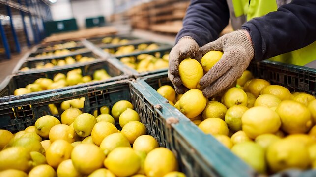 Elegant photo of Gloved hands picking up lemons from crates