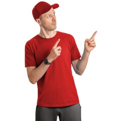 Man in red shirt and cap points in opposite directions