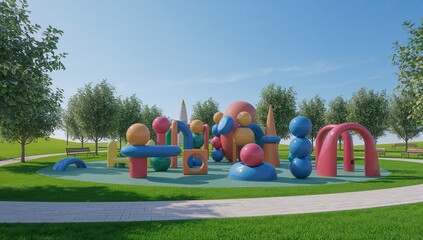 Displaying colorful modular playground structure featuring glossy spheres cones arches on teal pad