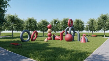 Displaying centered red gray geometric sculptures on park lawn, with benches, lamppost, trees